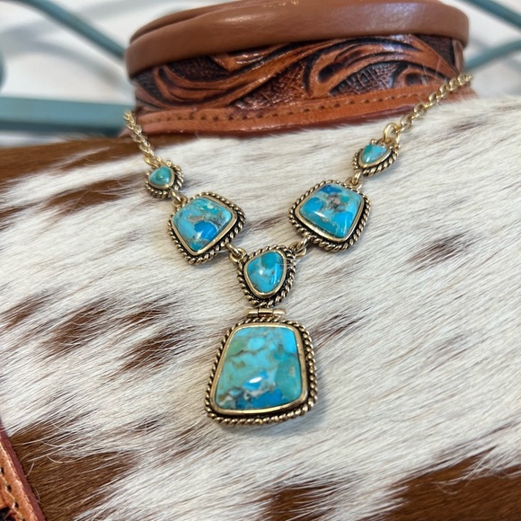 ✨New Genuine Blue Turquoise Stone Pendant Boho Necklace Statement Jewelry Brass - Picture 10 of 13